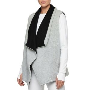 Reversible Sherpa Fleece Drape Vest Charcoal Gray and Ivory Waterfall Open Front
